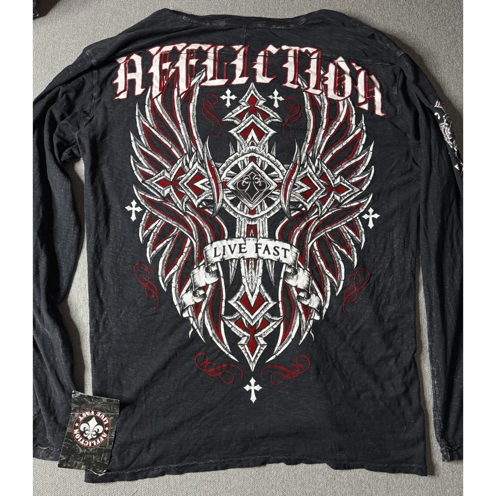 Affliction Men's Black Long Sleeve Red, White Logo Live Fast Size 2XL Y2K cyber